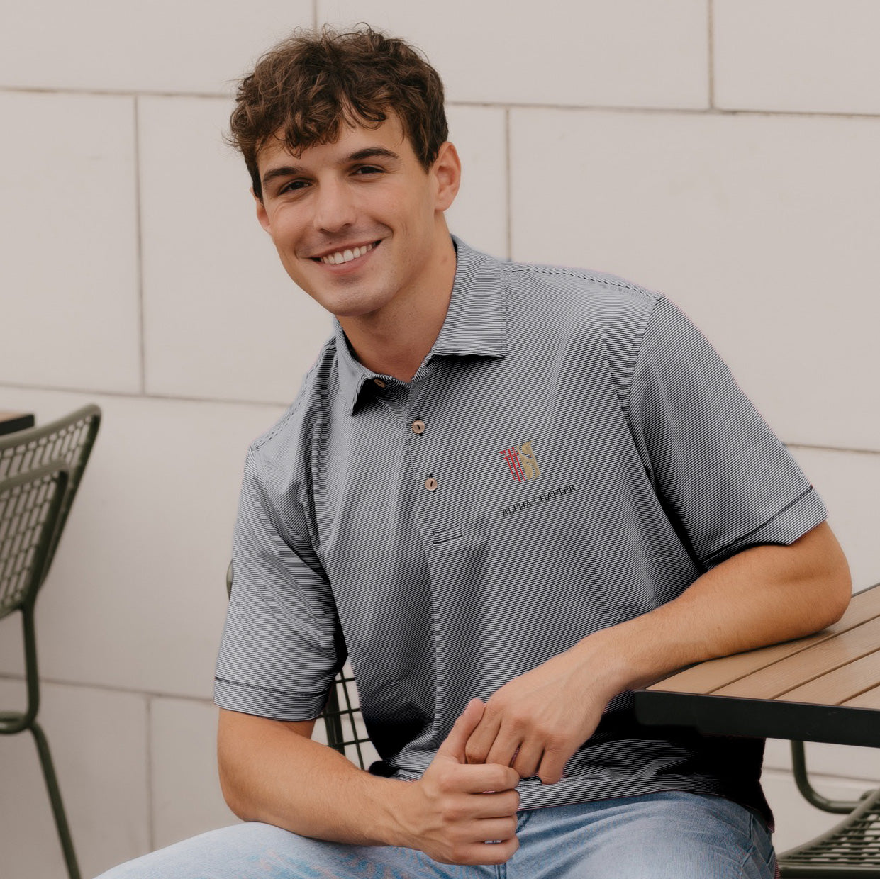 Theta Chi Personalized Peter Millar Jubilee Stripe Stretch Polo with Crest