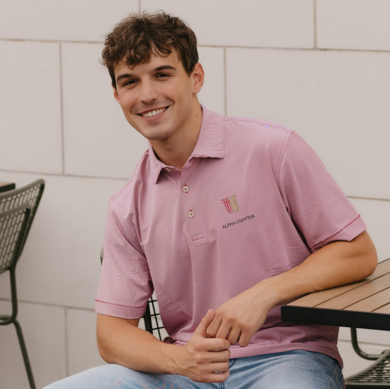 Theta Chi Personalized Peter Millar Jubilee Stripe Stretch Polo with Crest