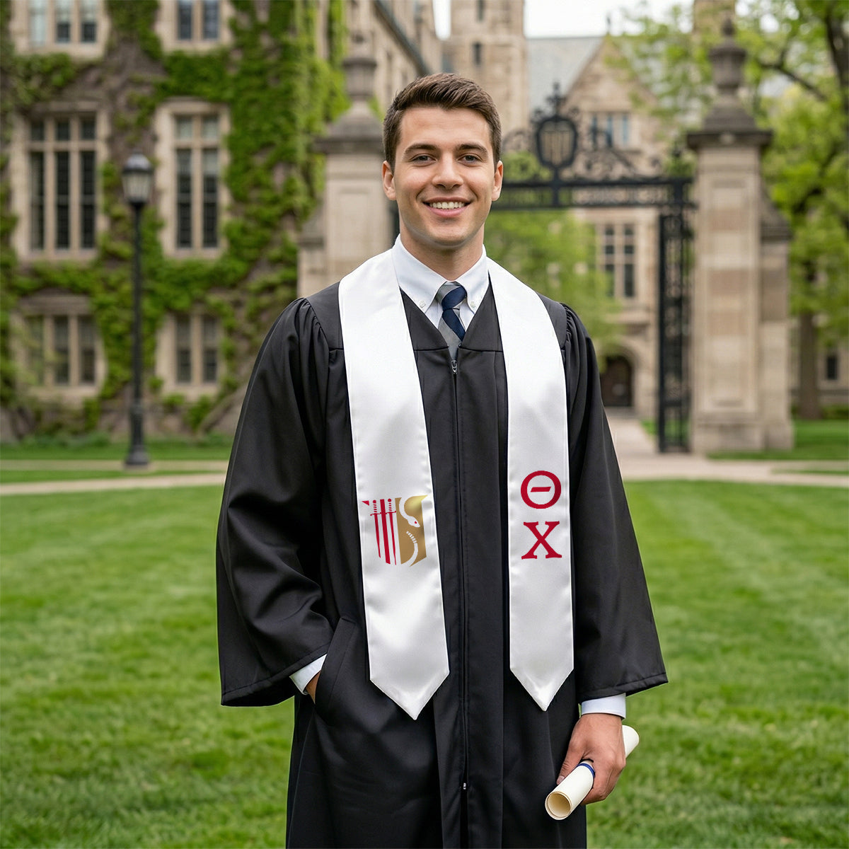 New! Theta Chi White Graduation Stole with Shield