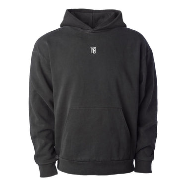 Black heavyweight hoodie with Theta Chi Greek letters embroidered in white on the center chest.