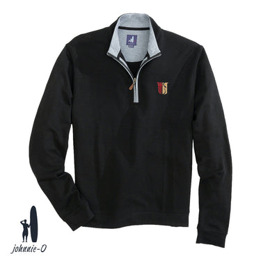 A black johnnie-O quarter-zip pullover with a gray collar and leather zipper pull, featuring an embroidered fraternity symbol on the left chest. Displayed on a white background with the johnnie-O logo in the bottom corner.