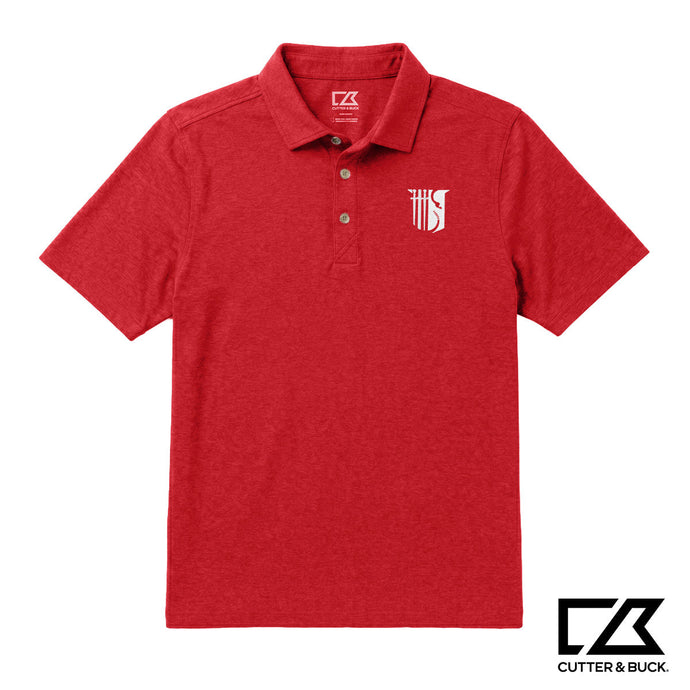 Red heathered Cutter & Buck polo with an embroidered crest on the chest.