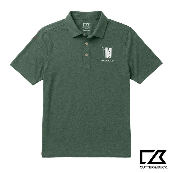 Green heathered Cutter & Buck polo featuring an embroidered crest and personalized name on the chest.