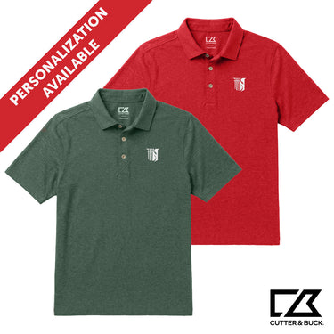 Two heathered Cutter & Buck polo shirts in green and red with embroidered crest detail and personalization available.