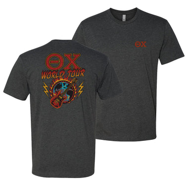 Charcoal t-shirt called the Theta Chi World Tour tee with vintage rock-inspired design, bold Theta Chi letters on front, and fiery guitar graphic on back.