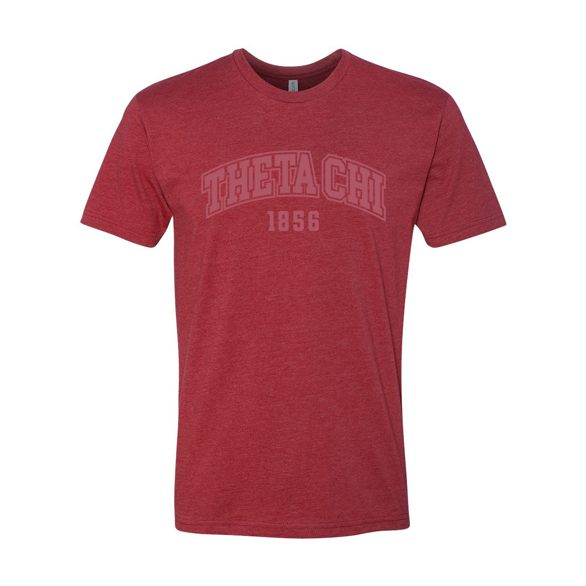 Red heather crew-neck tee with a subtle tonal arched ÒTheta ChiÓ print on the chest