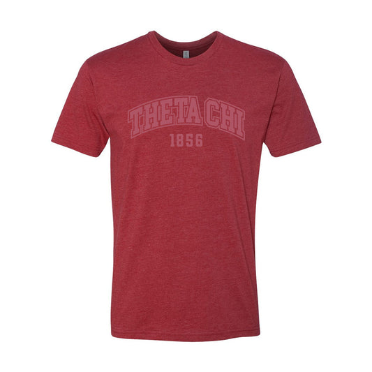 Red heather crew-neck tee with a subtle tonal arched ÒTheta ChiÓ print on the chest