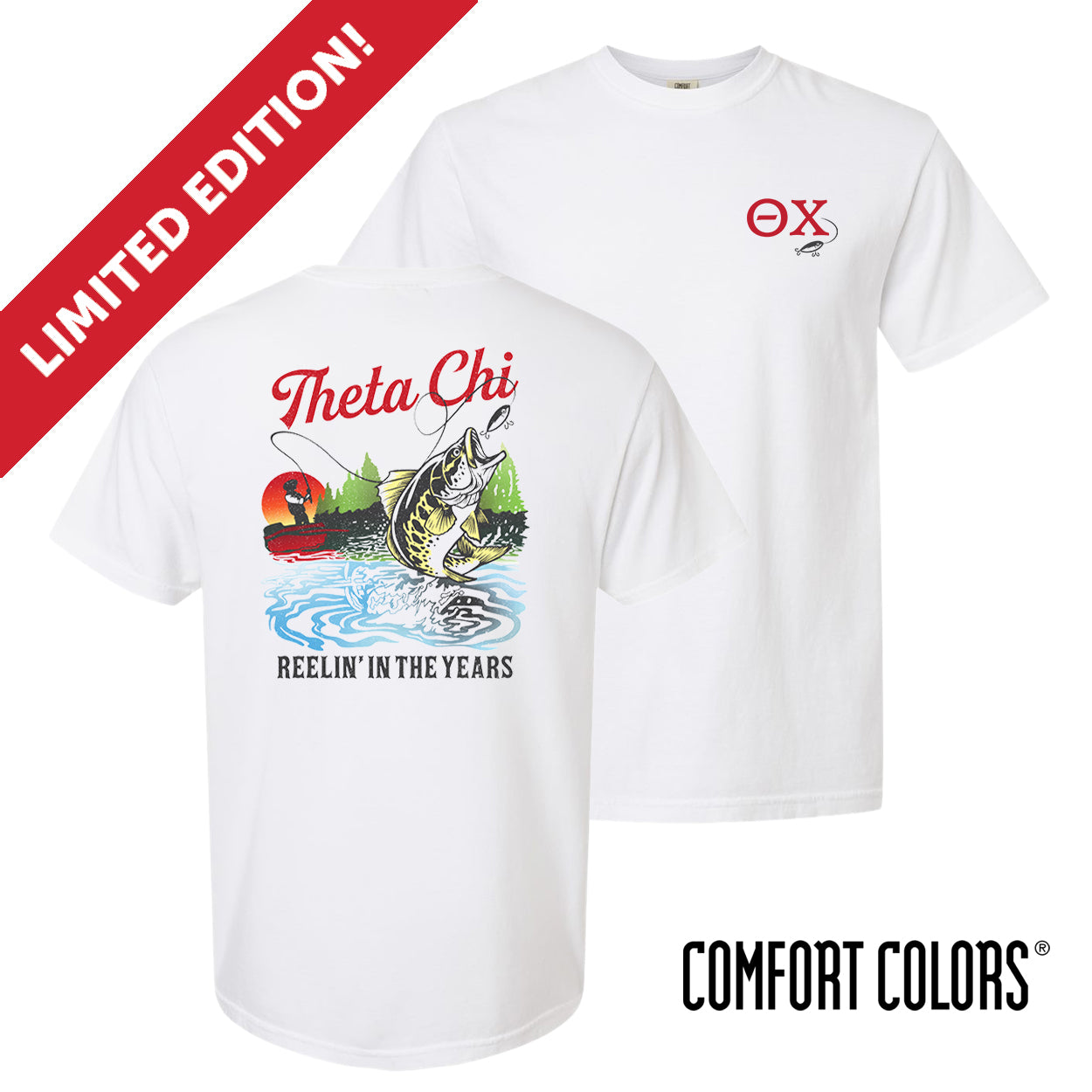 Theta Chi fraternity merch with a vintage-inspired fish graphic on the back.