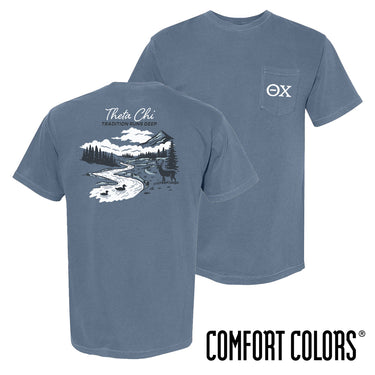 Theta Chi fraternity t-shirt featuring an outdoor nature scene.