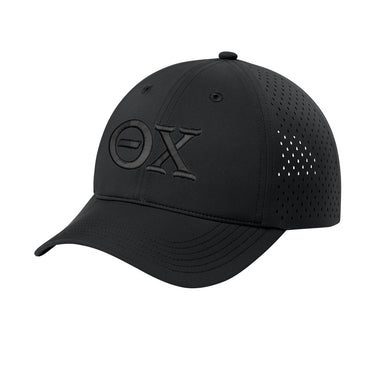 Performance golf hat with black 3D puff embroidered Greek letters on a structured black cap with perforated side panels for breathability