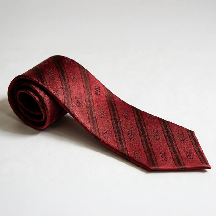 Official Theta Chi Signature Striped Silk Tie in red with woven Theta Chi Greek letters, premium fraternity neck tie for composite photos, formals, weddings, graduation, and professional attire.