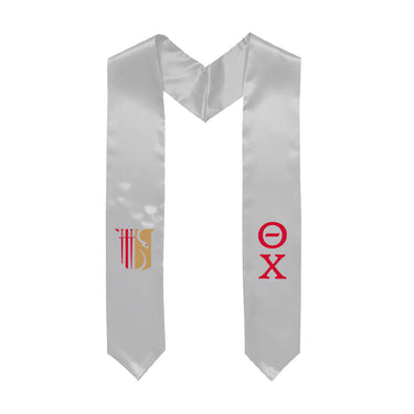 White graduation stole decorated with Greek letters and Shield