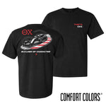 Black Theta Chi F1 t-shirt featuring a Formula-style race car graphic with red track accents and “Builder of Character” text on the back.