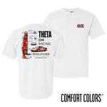 A white Comfort Colors t-shirt mockup with Theta Chi Racing graphics, showing both the front chest logo and detailed back graphic with stacked cars.