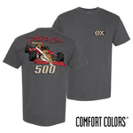 Gray Theta Chi Indy 500 t-shirt featuring a vintage-style race car graphic with bold “500” typography on the back.