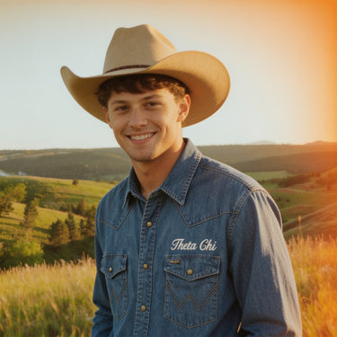 Theta Chi man wearing a western denim button-down and cowboy hat in a sunny countryside setting.