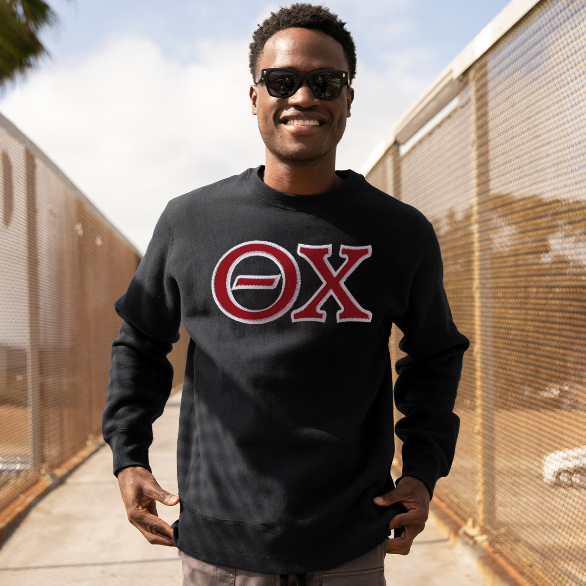 Theta Chi Black Crew Neck Sweatshirt with Sewn On Letters