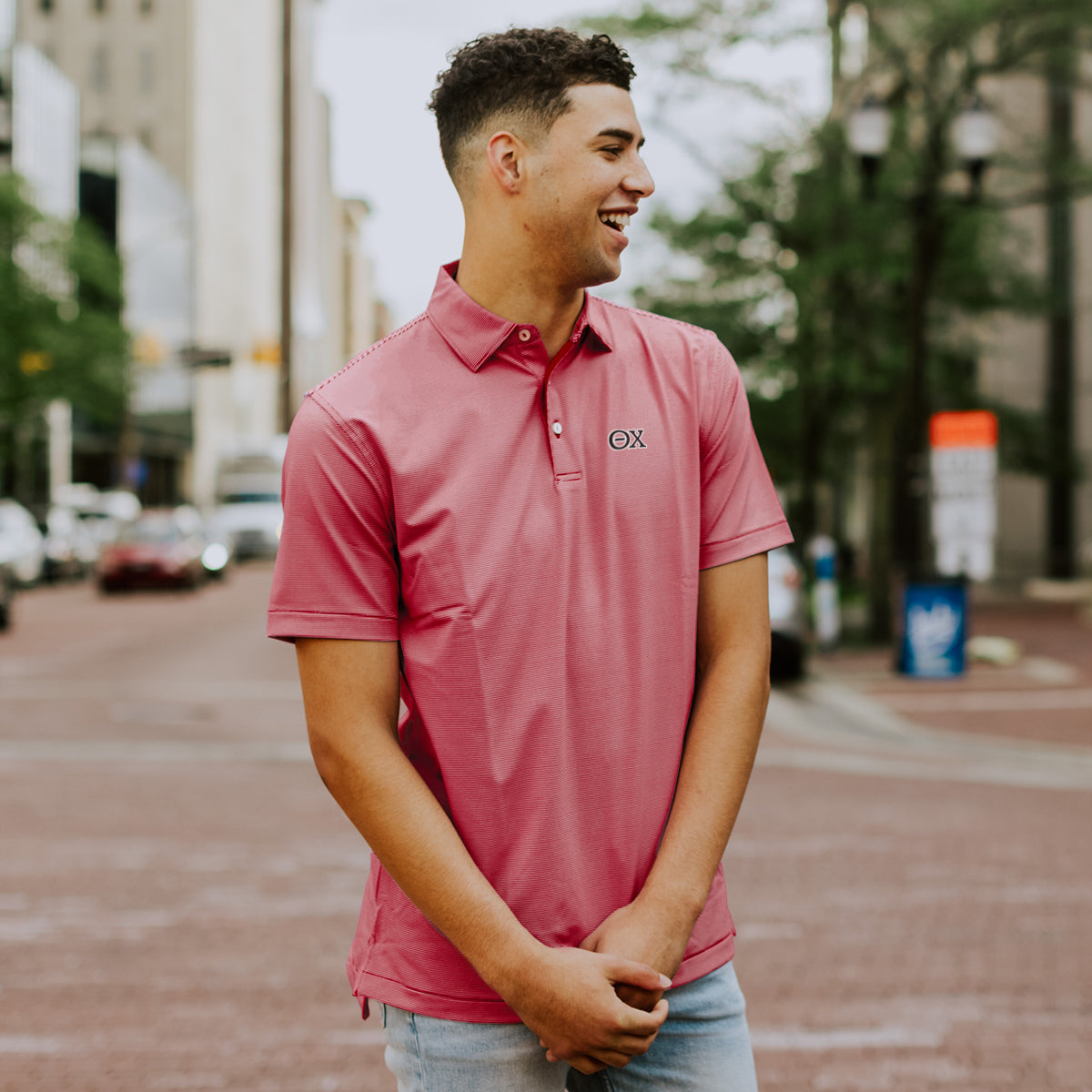 Theta Chi Personalized Red Peter Millar Marlin Performance Polo With Greek Letters