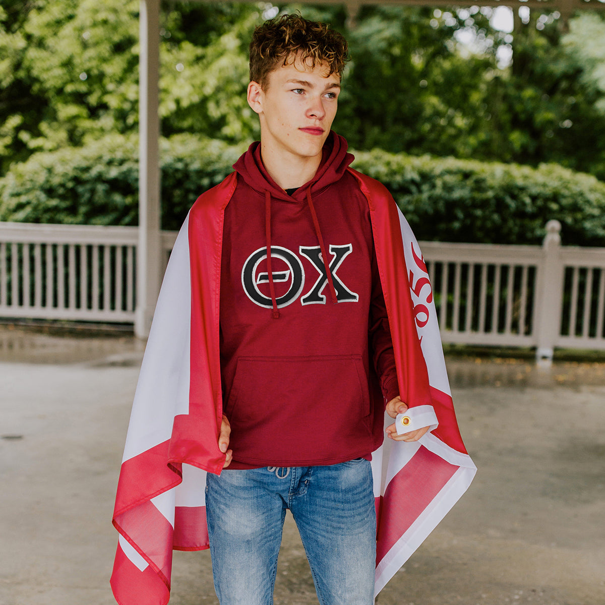 Theta Chi Deep Red Hoodie with Sewn On Letters