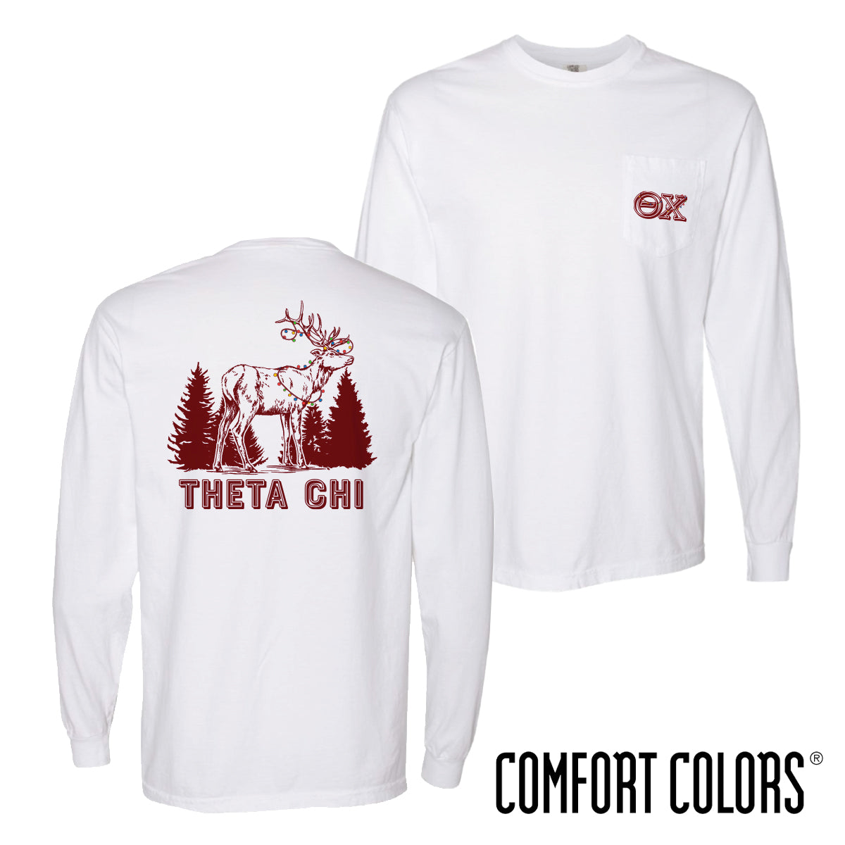 Theta Chi Holiday Reindeer Comfort Colors White Long Sleeve Tee