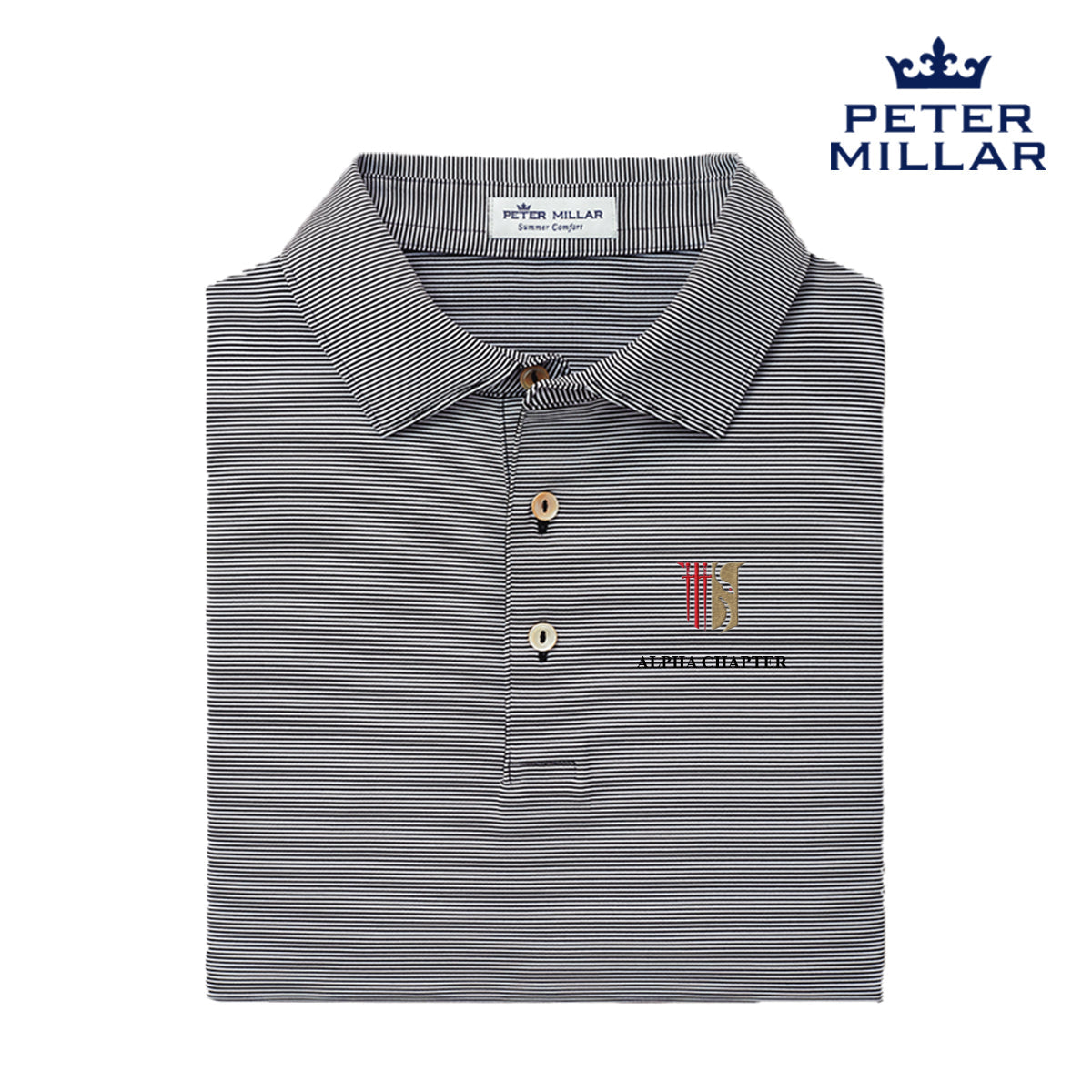 Theta Chi Personalized Peter Millar Jubilee Stripe Stretch Polo with Crest