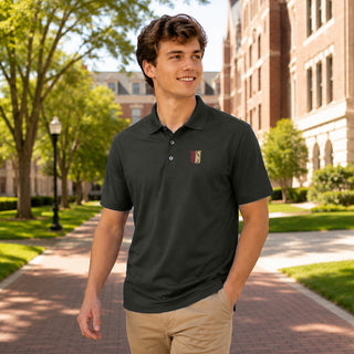 College student wearing fraternity polo embroidered with crest on left chest.