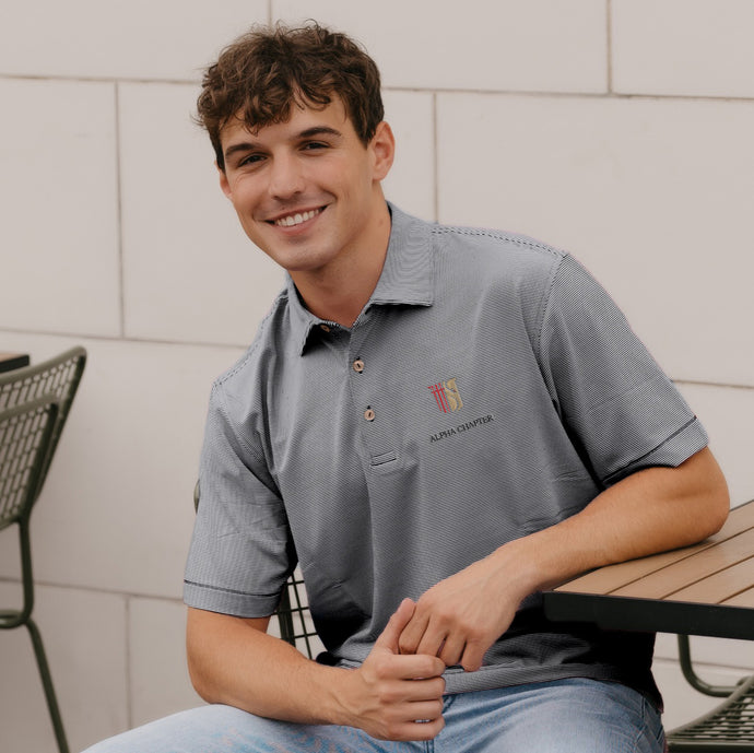 Theta Chi Personalized Peter Millar Jubilee Stripe Stretch Polo with Shield