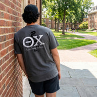 Theta Chi Fraternity snake greek letter design. Gray college frat shirt. 