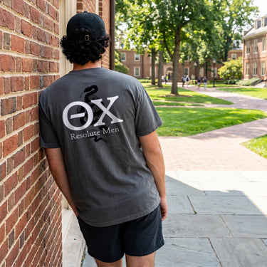 Theta Chi Fraternity snake greek letter design. Gray college frat shirt. 