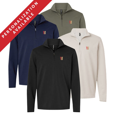 Four Theta Chi Embroidered Luxe Quarter Zips in black, smoke, navy, and pine colors with Symbol embroidery on the left chest. Banner reads Personalization Available.