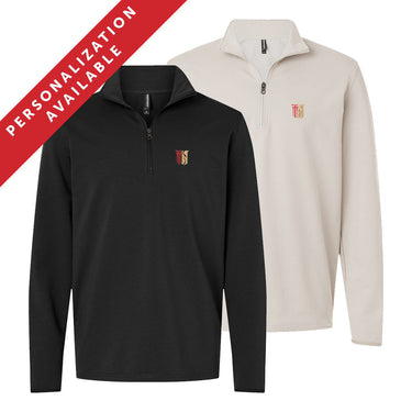 Two Theta Chi Embroidered Luxe Quarter Zips in black and smoke colors with symbol embroidery on the left chest. Banner reads Personalization Available.