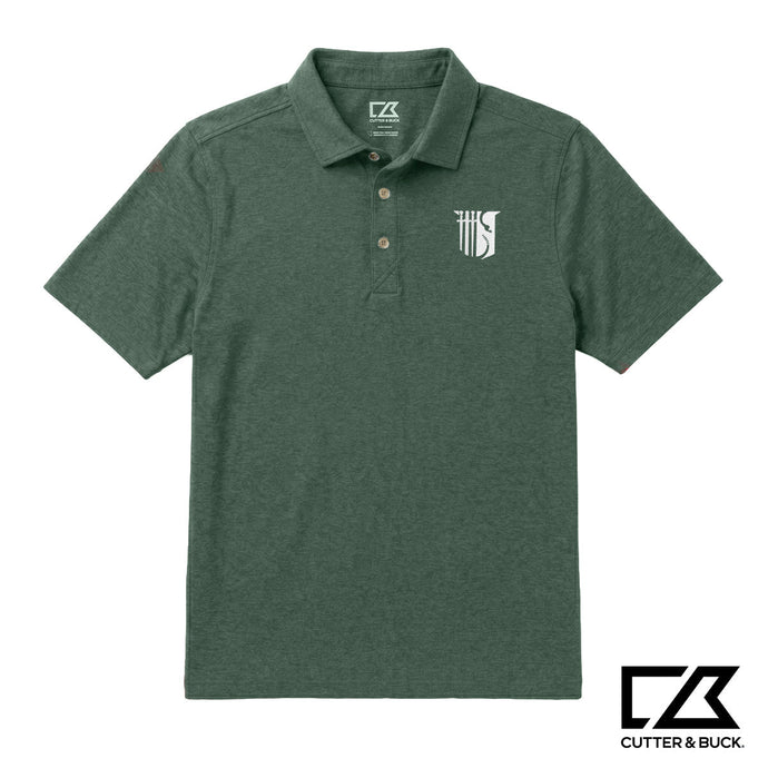 Green heathered Cutter & Buck polo with an embroidered crest on the chest.