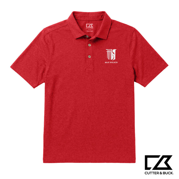 Red heathered Cutter & Buck polo featuring an embroidered crest and personalized name on the chest.