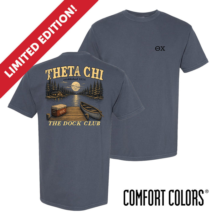 Front and back view of a blue Comfort Colors graphic t-shirt with vintage lake-inspired artwork