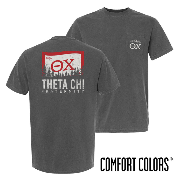 Fraternity grey short sleeve tee with colorful flag design on back and chest pocket log