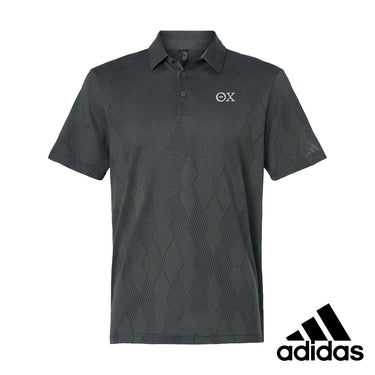 Front view of Black polo featuring embroidered greek letters.
