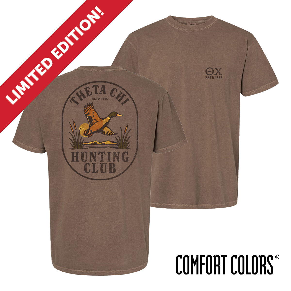 Brown garment-dyed short-sleeve tee featuring a vintage-inspired graphic: a weathered oval frames a mallard in mid-flight with burnt orange and mossy green-tipped wings above rippling water and cattails; distressed Theta Chi arcs overhead and Theta Chi letters bold and rugged on the front.