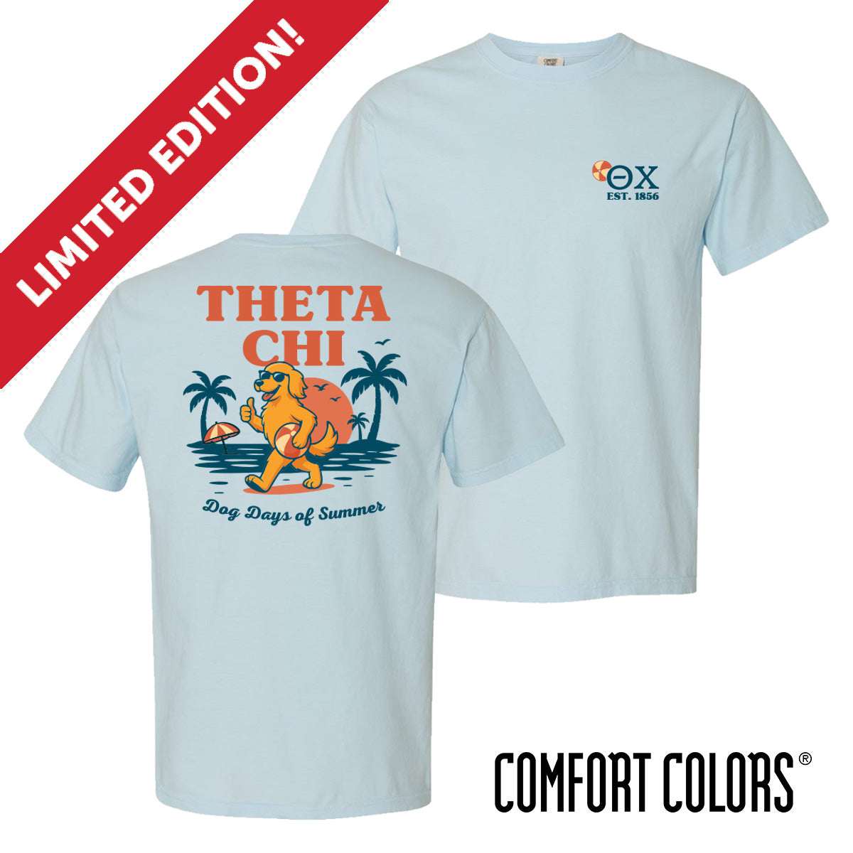 Light blue short sleeve Comfort Colors tee featuring Theta ChiÕs golden retriever mascot on the back, lounging on a beach with palm trees and a sunset. Front chest print includes Theta Chi letters and a small beach ball detail.