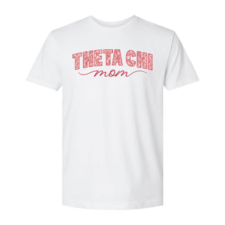 Front view of white t-shirt featuring Red Carnation flower mom graphic.