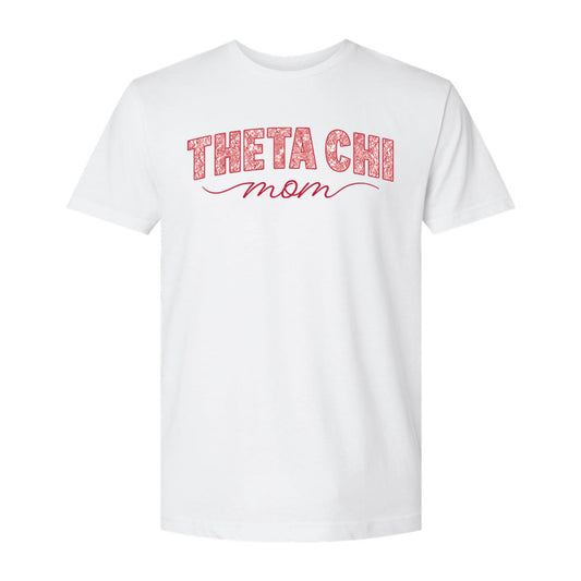 Front view of white t-shirt featuring Red Carnation flower mom graphic.