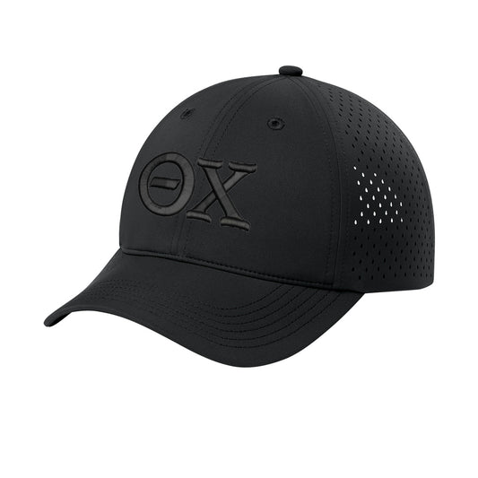 Performance golf hat with black 3D puff embroidered Greek letters on a structured black cap with perforated side panels for breathability