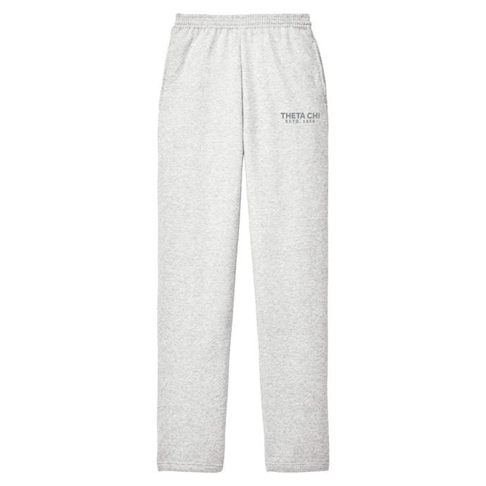 Ash gray classic fleece sweatpants with a relaxed straight-leg fit, elastic waistband, open-bottom cuffs, and subtle printed design on the upper leg.