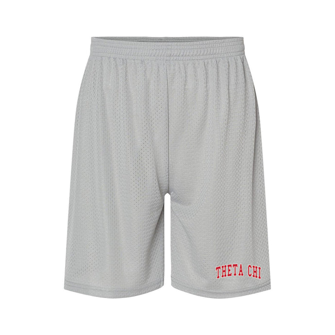 embroidered silver 7 inch mesh shorts front view