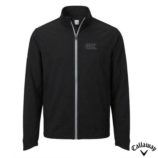 Black Callaway full-zip water-repellent golf jacket with Greek letter embroidery on chest displayed on white background