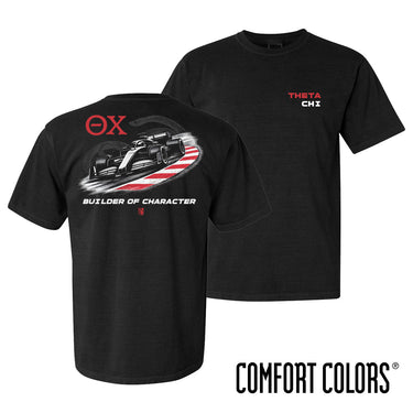 Black Theta Chi F1 t-shirt featuring a Formula-style race car graphic with red track accents and “Builder of Character” text on the back.