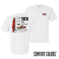 A white Comfort Colors t-shirt mockup with Theta Chi Racing graphics, showing both the front chest logo and detailed back graphic with stacked cars.