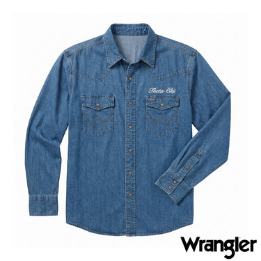 Theta Chi fraternity Wrangler denim western shirt with embroidered logo and snap-button chest pockets.
