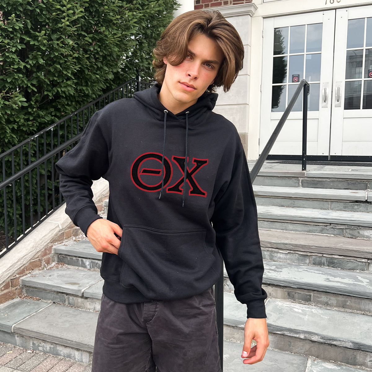 Theta Chi Black Hoodie with Black Sewn On Letters