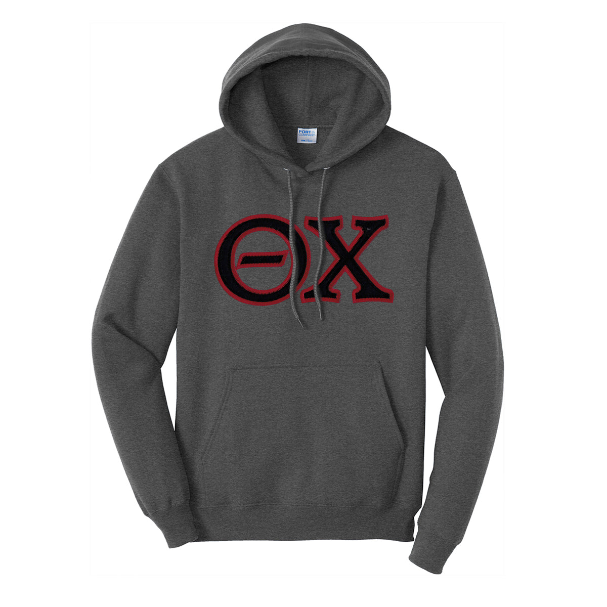 Theta Chi Dark Heather Hoodie with Sewn On Letters