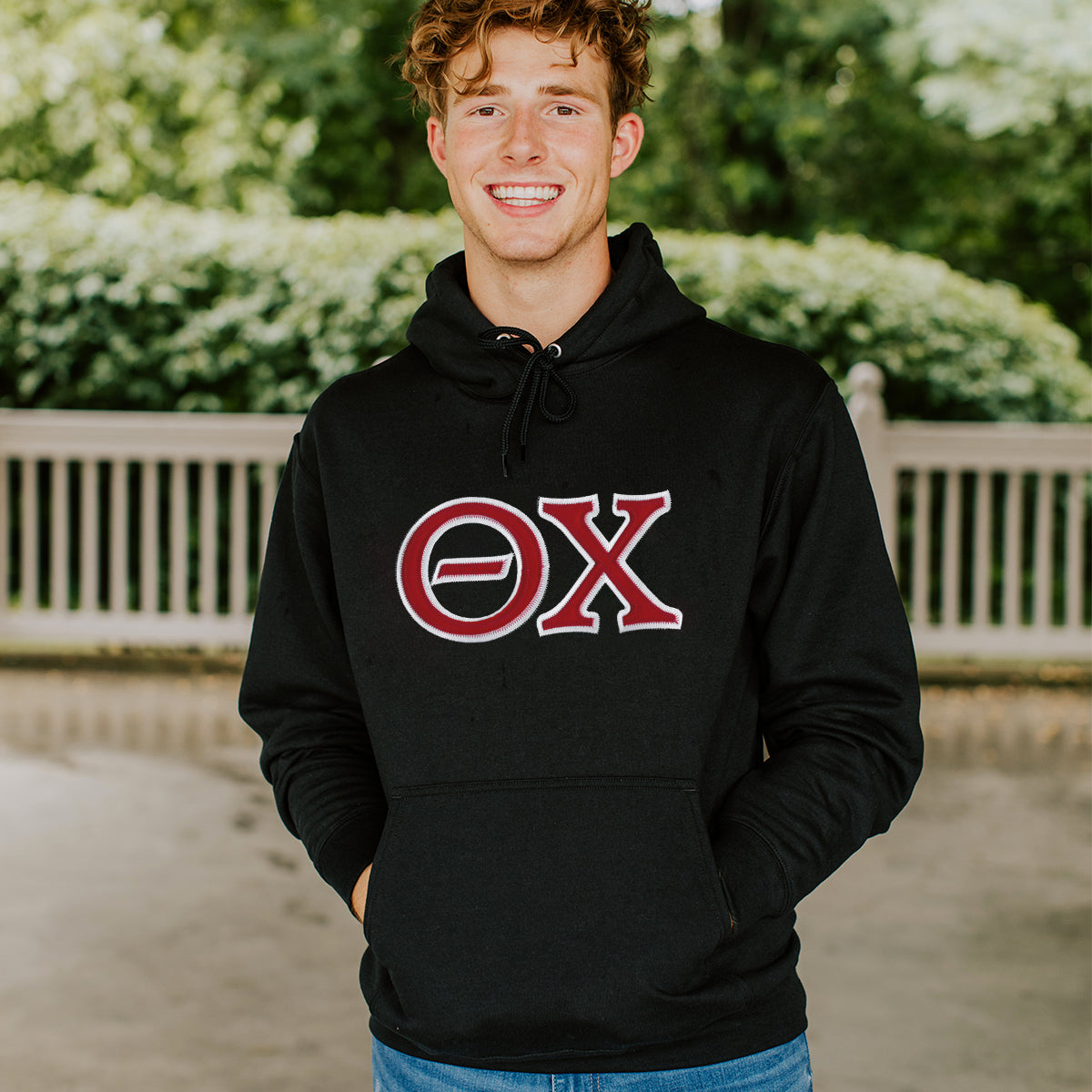 Theta Chi Black Hoodie with Sewn On Greek Letters